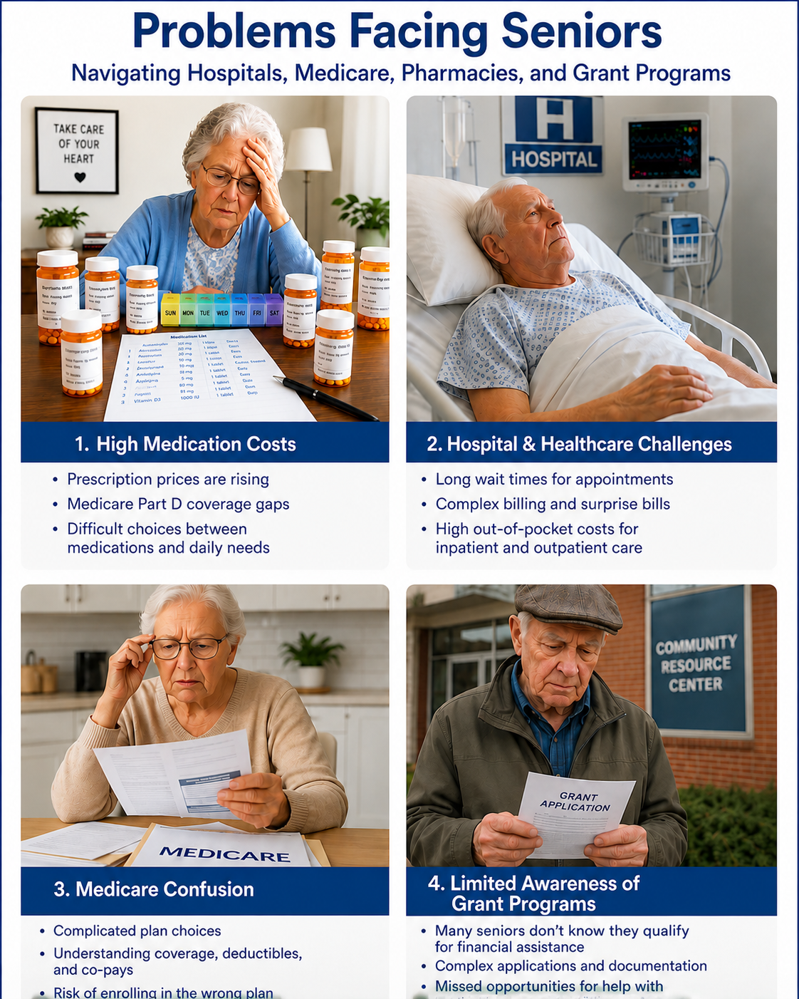 Problems Facing Seniors — Navigating Hospitals, Medicare, Pharmacies, and Grant Programs